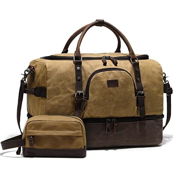 Weekender Bag with Shoe Compartment Large Overnight Bag for Men (Brown) - Picture 1 of 9